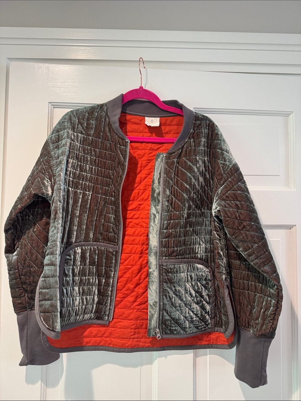 Quilted Velvet Bomber Jacket - Green with Orange Lining